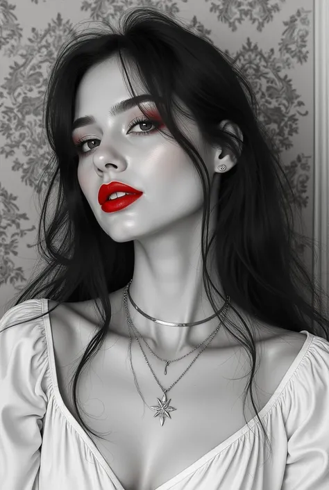 A hyper-realistic wet watercolor medium shot of a woman with delicate and tender features. The woman has long, dark hair and is wearing a white blouse and a silver necklace. The background is a vintage wallpaper . The overall image has a monochromatic blac...