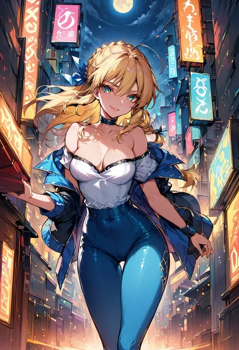 score_9, score_8_up, score_7_up, score_6_up, rating_safe, source_anime, BREAK beautiful Artoria Pendragon (blonde, braid, ribbon, hair ribbon:1.2), sexy smirk, BREAK tight pants, off the shoulder top, high heels, choker, BREAK walking in downtown Tokyo, ne...