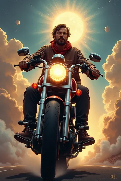 Pedro on a motorcycle heading to heaven. With a biblical phrase saying that he will always be alive in the heart of the one who loved him.