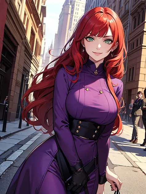 green eyes, red hair with long bangs, noble, mafia. sadistic women, wavy long hair. strong woman. background in town. spy. kind smile. purple outfit. she quiet