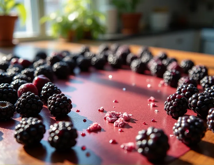 Blackberries and chopped blackberry pieces on a table placed around the entire photo frame leaving space in the center, with reflections of sunlight entering the kitchen.