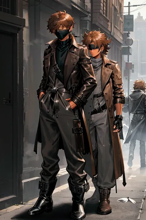 1man, tall, very tanned, lean, (light brown hair, short hair, messy, fluffy hair), city, ((open black leather trench coat, fingerless gloves, white blindfold, grey baggy pants, black boots, feather earring)), hands in pockets
