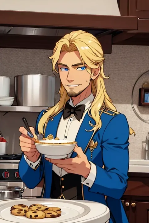 Perfect face. Perfect hands. A muscular blonde haired man with blue eyes and long hair and a dark beard in a butlers uniform is smiling while cookie  in a fancy kitchen