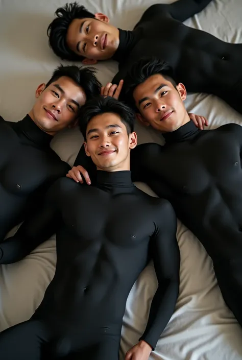 some Japanese men,in fullbody black zentai,,tan skin,on the mattrress,masterpiece,high quality,realistic,photograph, best quality,Muscular、friendship,Simple、Ultra short hair,biceps ,Full Body Tights,armpit,Shiny,Tight,shaven 、athlete,naive,unsophisticated,...