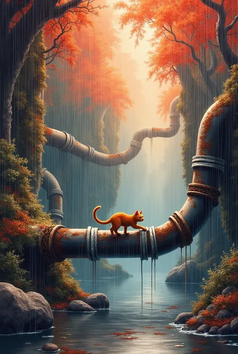 Watercolor painting depicting a fantasy landscape，A little cat is crawling along the water pipe, Rain poured down, Os tons vibrantes de vermelho, orange, And the velvety black rendering scene, Evoking Thomas Kinkade, Carol Baker, and the magic of Pino Dage...