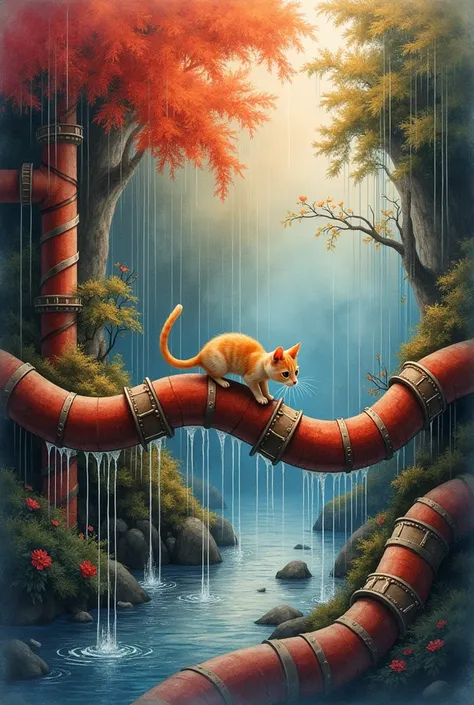 Watercolor painting depicting a fantasy landscape，A little cat is crawling along the water pipe, Rain poured down, Os tons vibrantes de vermelho, orange, And the velvety black rendering scene, Evoking Thomas Kinkade, Carol Baker, and the magic of Pino Dage...