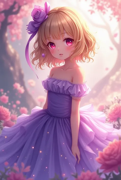 Anime girl with light blonde hair and red ruby eyes, with a purple dress. Full body