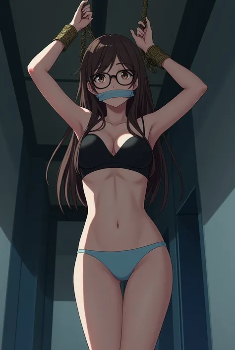 sekijou sawako, shibari, anime picture, bondage, bound, brown eyes, brown hair, long hair, black eye glasses, stripped, best quality, ultra-detailed, high resolution, extremely detailed cg, unity 8k wallpaper, masterpiece, perfect skinny body, anime pictur...