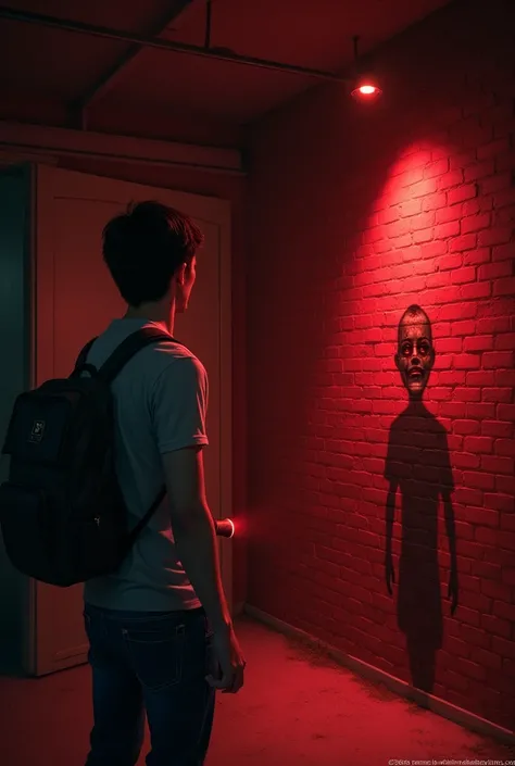 Draw a young man looking at a brick wall, with a flashlight in hand, and on the wall with a picture of a clown drawn on the wall, and red lights around, terrifying theme