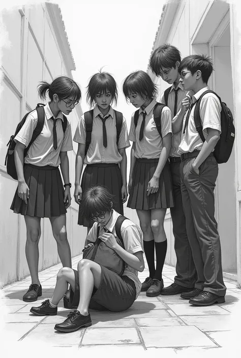 Sketch of  The students of village school are bullying other weak, nerd and disabled students 
girls should be included  
The image should reflect the bullying
The students should look like they are students