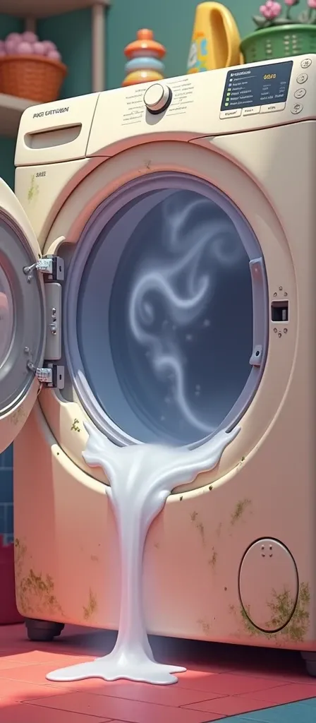 washing machine door with a bad smell from the inside, in the style of an animated film