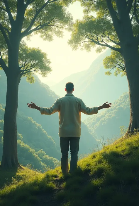 A man standing peace fully in hills 
spreading his both arms  face is opposite  some large tree High quality 