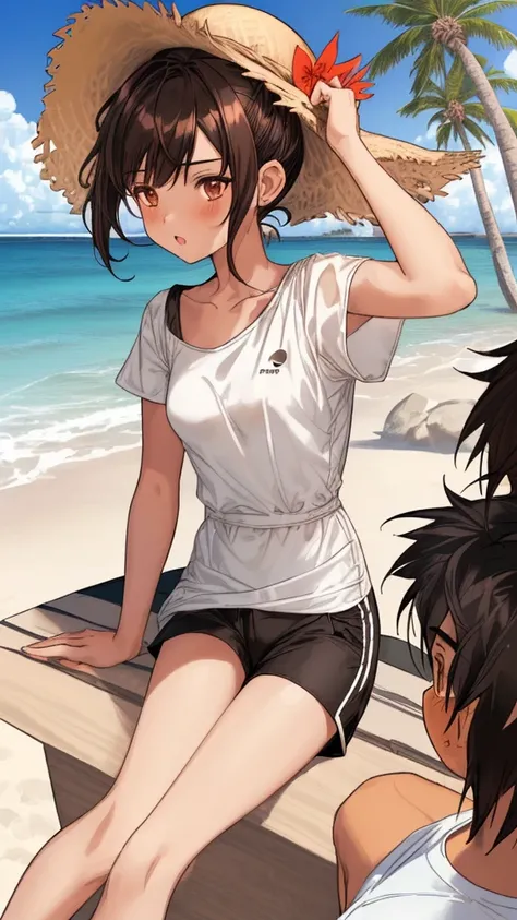 (((couple))), ((hetero couple))
sitting on the sand, ((1boy, brown eyes, black hair, spike hair, white t-shirt, black shorts bermuda))
sitting on a rock, ((1girl, brown eyes, brown hair, hair up, summer hat, small breasts, white dress)), beach sand, sea, w...