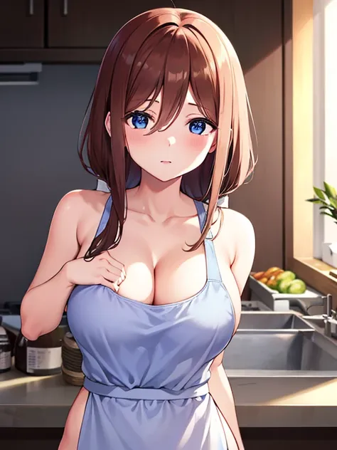 Shooting in the kitchen,Show the whole body,Miku Nakano, Miku Nakano Chick III, Long Hair, Bangs, Blue eyes, Brown hair, Hair between the eyes,Big Breasts,Cleavage,,Big Breasts,Cleavage,Naked Apron