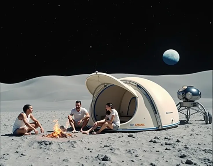 A realistic photo of three to four people, both men and women, camping on the surface of the Moon. They are gathered around a small, futuristic tent they’ve pitched on the gray, rocky lunar landscape. A campfire glows brightly between them, with fine lunar...