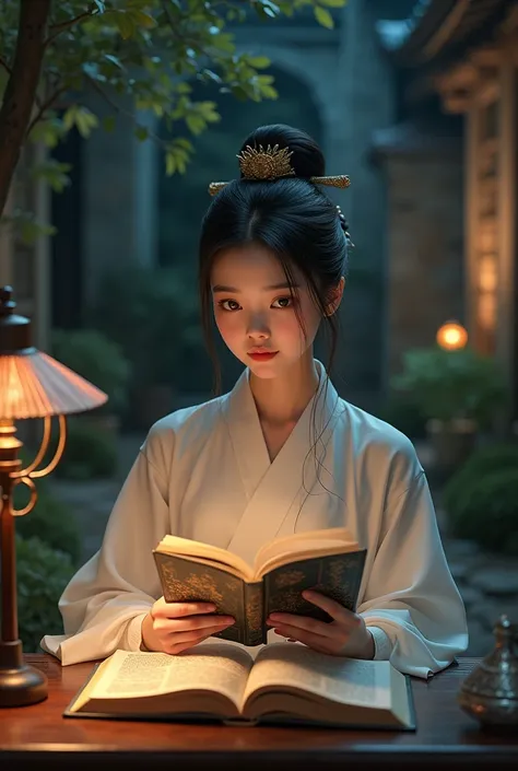 a photo：Shot with Canon EOS camera，Shoot with a wide-angle lens，A beautiful girl in traditional Chinese clothing in a quiet night，In a garden surrounded by ancient walls，Reading ancient Chinese books under the lamp on the low table。,((She holds a pen in he...