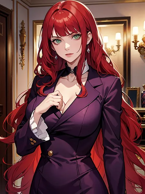 green eyes, red hair with long bangs, noble, mafia. sadistic women, wavy long hair. strong woman. background in luxury mansion. spy. purple outfit. she quiet