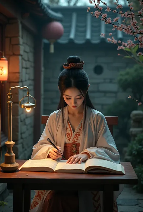 a photo：Shot with Canon EOS camera，Shoot with a wide-angle lens，Aperture f11,24mm lens shooting，A beautiful girl in traditional Chinese clothing in a quiet night，In a garden surrounded by ancient walls，Reading ancient Chinese books under the lamp on the lo...