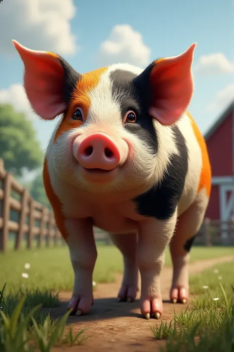 Realistic calico farm pig with small tusks