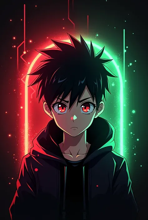 Make a log for YouTube channel of gamer name is enigma.with anime character of boyand the background with neon red and green lights .