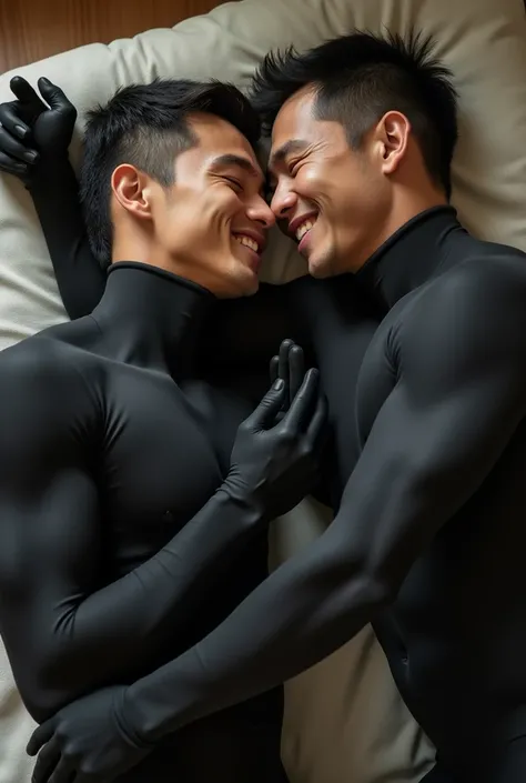 some Japanese men,in fullbody black zentai,tan skin,on the mattrress,masterpiece,high quality,realistic,photograph, best quality,Muscular、friendship,Simple、Ultra short hair,biceps ,Full Body Tights,armpit,Shiny,Tight,shaven 、athlete,naive,unsophisticated,b...