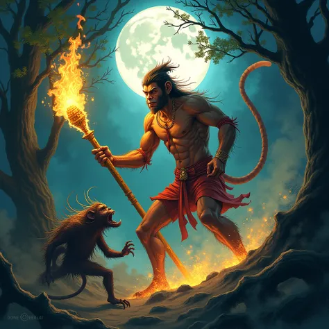 Create an illustration of the Monkey King Chinese fable tale, with his golden staff on fire fighting a monster in a dark forest under a full moon 
