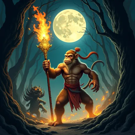 Create an illustration of the Monkey King Chinese fable tale, with his golden staff on fire fighting a monster in a dark forest under a full moon 
