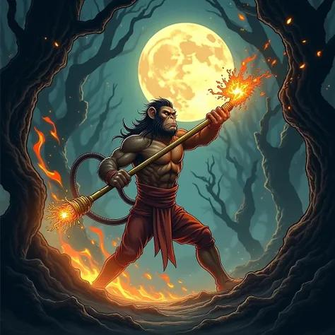 Create an illustration of the Monkey King Chinese fable tale, with his golden staff on fire fighting a monster in a dark forest under a full moon 
