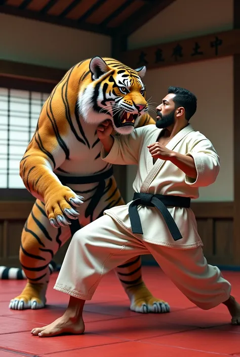 Create a hyper-realistic and dynamic image of a karate-trained tiger fighting a man in a traditional Japanese dojo.

tigre:
s uniform: The tiger must be dressed in a karate uniform (karate gi) offwhite, with the black belt tightly fitted around the waist. ...