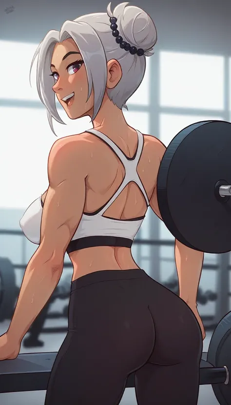 A dynamic image of a young woman in a gym environment. She has an athletic body and an expression of determination.. She is dressed in stylish workout clothes, including a fitted tank top and leggings, and is in the middle of a weightlifting exercise, show...