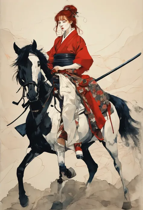 Full body, redhead Japanese female Samurai with horse, slim young, sensual warm dreams, minimalism, Vogue poster style, young slim, hug saint horse, high quality, surreal, long perfect legs,by Egon Schiele style.  concept high details --ar 9:16 --sref 2145...