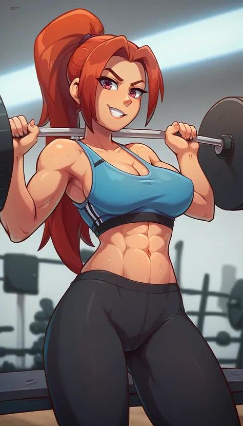 A dynamic image of a young woman in a gym setting. She has an athletic build with a determined expression on her face. She is dressed in stylish workout gear, including a fitted tank top and leggings, and is in the middle of a weightlifting exercise, showc...