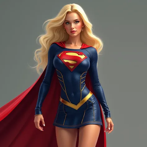 A high quality image of a realistic blonde woman in a supergirl costume, mini skirt, perky breasts, majestic curves, full body portriat
