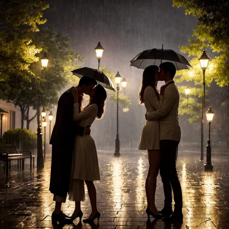 "Capture a heartfelt moment of  sharing a passionate kiss in the rain. The scene should be set on a quiet street or in a lush park, with rain softly falling around them. Their clothes and hair are slightly wet, adding to the intensity of the moment. The co...