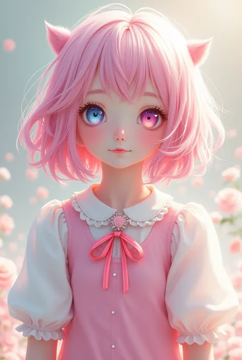 Girl with pink hair ,white bangs and pink shirt with ribbon and white sleeve and blue and pink eyes 