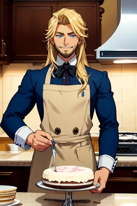 Perfect face. Perfect hands. A muscular blonde haired man with blue eyes and long hair and a dark beard in a butlers uniform is smiling while baking a cake  in a fancy kitchen