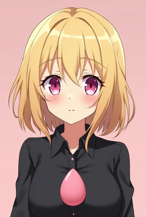 kawaii blonde anime girl with pink eyes wearing a black shirt that has a penis