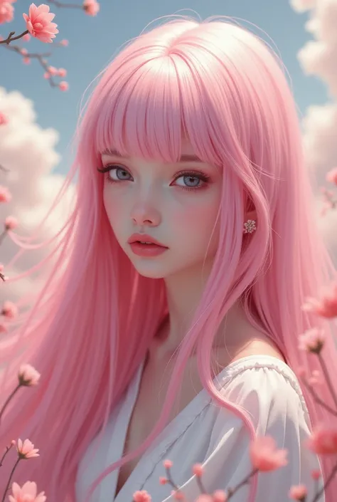 Girl with long pink hair and white bangs
