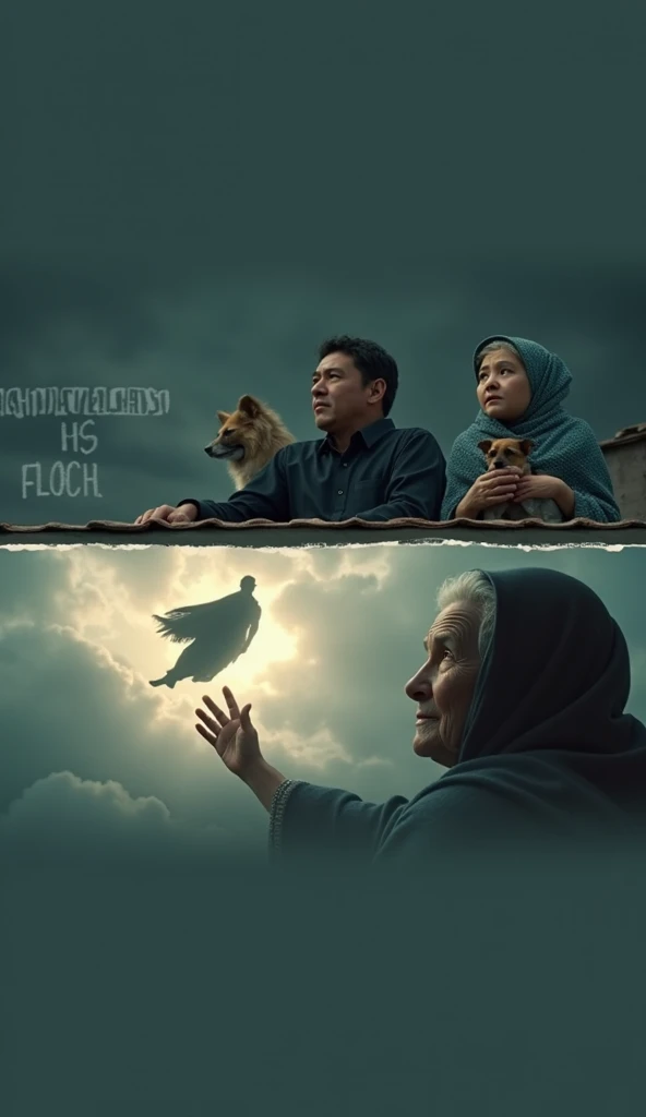 
Imagine an image that contains two superimposed scenes, seemingly taken from a movie.

Upper Scene:

It shows three people on top of a roof during a flood.
On the left, a man is sitting and holding a dog in his lap. He is wearing a dark long-sleeved shirt...