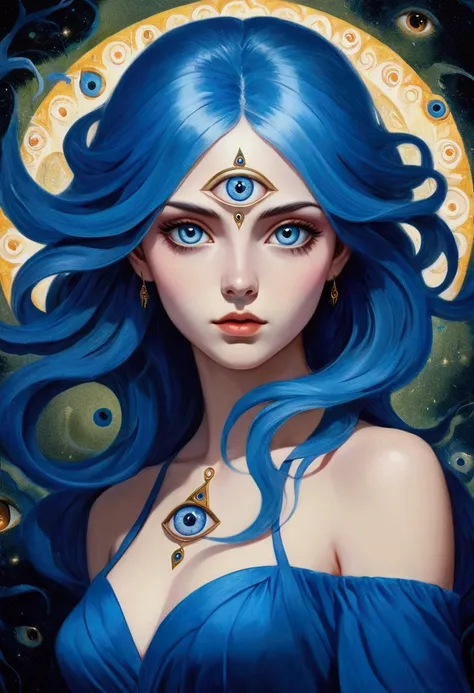 a painting of a woman with blue hair wearing a blue dress, mysterious eyes, fantasy art style, third eye vision, mystical the th...