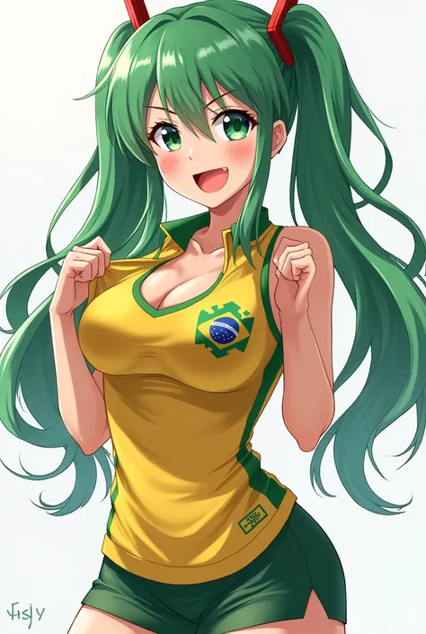 Hatsune Miko in Brazilian team outfit, but she lifts her shirt and shows her breasts