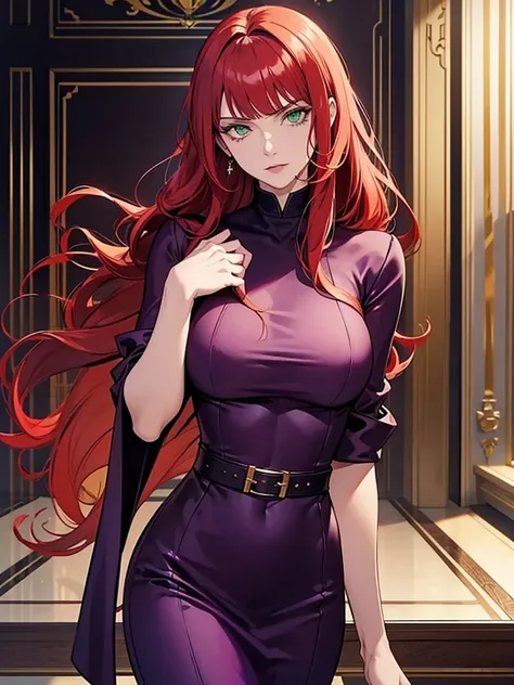 green eyes, red hair with long bangs, noble, mafia. sadistic women, wavy long hair. strong woman. background in luxury mansion. spy. purple outfit. she quiet