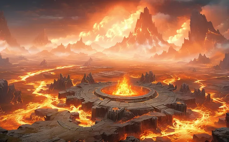 Scene concept, enough field, 3D Rendering, Ultra-sharp details, masterpiece, high quality, enough, landscape, unmanned, fire, Sky, cloud, Orange theme, rock, protruding，fire焰山，Boss battle scene，There is a large disc in the middle