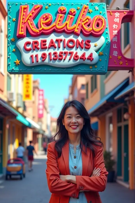 Sign saying Keiko creations BTS forever and telephone number 11 9 1357 7644 image with middle-aged Asian woman