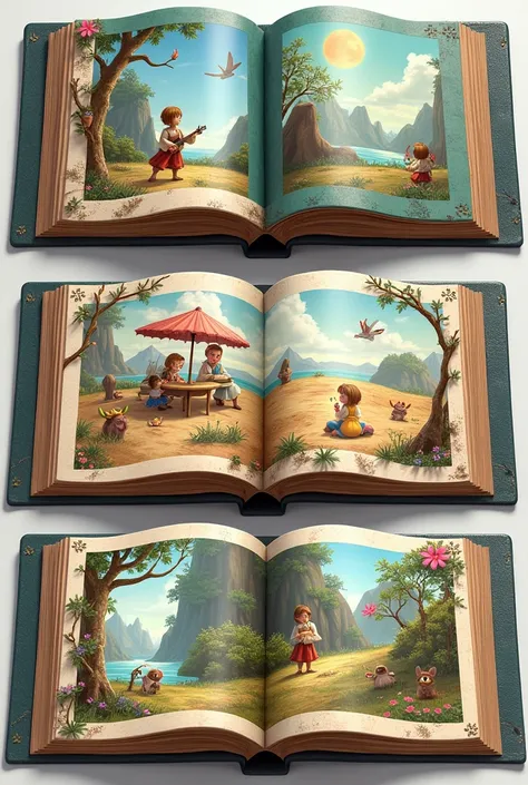 A physical pictorial story book that consists of different story books with audio recorded stories inside that tells different stories while turning pages
