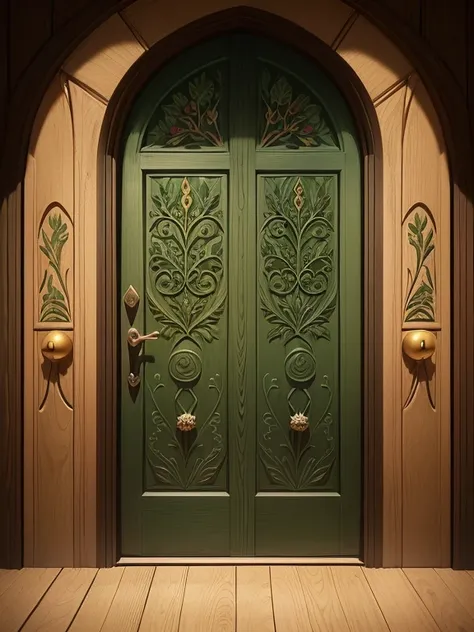 draw a door in medieval style),(on the door there are relief carvings of the lothlorien leaf),(the door is dark green),(the door is seen from the front),(it has a diffuse light),(the image has bright colors), (on the door there is a small golden bell)

