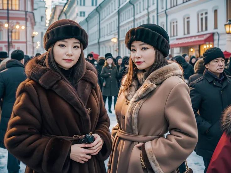 In the city of Russia、Wearing traditional mink fur、woman。Looking at this、(((Staring at the photographer、ペアのwoman)))