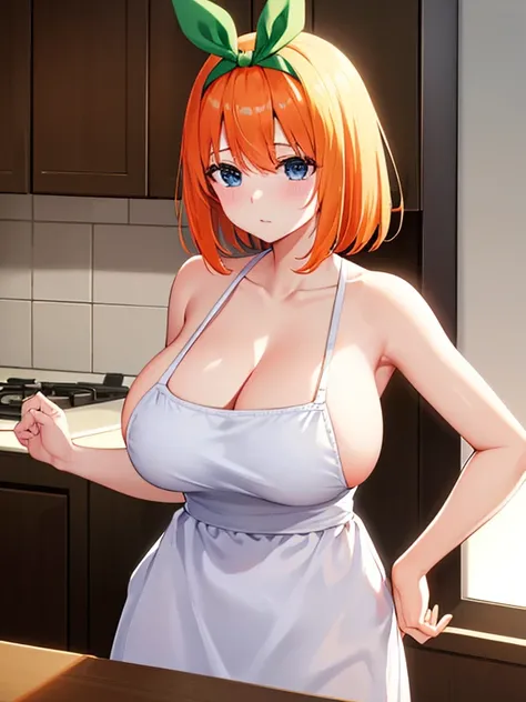 Kitchen Shooting,Show the whole body,Four-leaf clover girlfriend, nakano yotsuba, bangs, short hair, blue eyes, Hair between the eyes, Hair Ribbon, hair band, Orange Hair, Green ribbon,,Big Breasts,Cleavage,Naked Apron,White apron