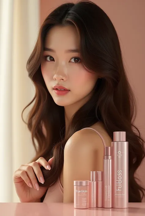 make an advertisement about a hair product called "TrueGloss" with an Asian poster girl using it. the product must appear in front of it, highlighting his name but also the poster girl in the background, enhancing your silky hair.
