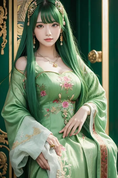 Green hair, beautiful woman, long hair, hair ornament, Chinese dress, necklace